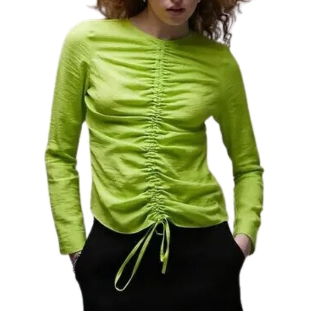 Topshop Long Sleeve Blouse Crew Neck Drawstring Tie Ruched Green Women's 2 NWOT